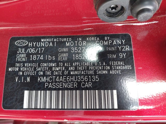 KMHCT4AE6HU356135 Hyundai ACCENT SE
