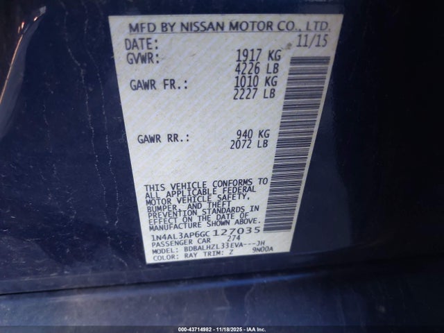 1N4AL3AP6GC127035 Nissan Altima 2.5 Sr
