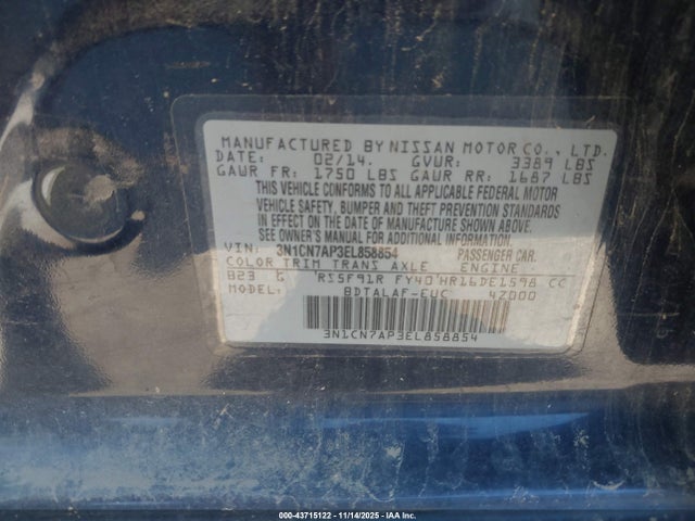 3N1CN7AP3EL858854 Nissan Versa 1.6 S
