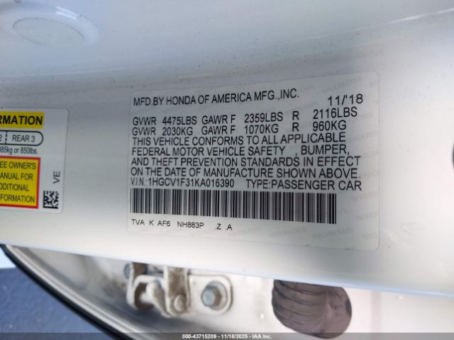 2019 HONDA ACCORD 1HGCV1F31KA016390 Photo 8