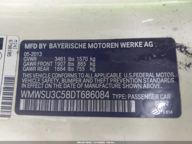 2013 MINI HARDTOP WMWSU3C58DT686084 Photo 8