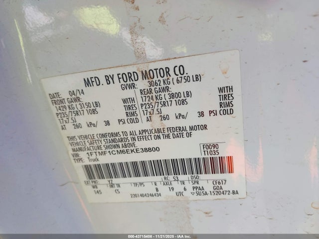 2014 Ford F-150 Xl მანქანა იყიდება აუქციონზე, vin: 1FTMF1CM6EKE38800, აუქციონის ნომერი: 43715408