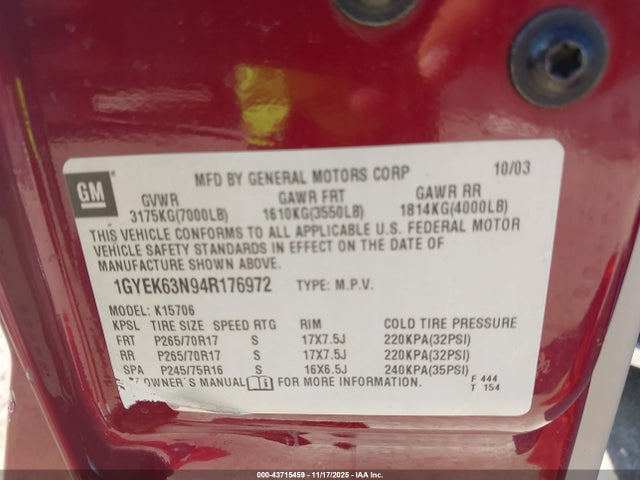 2004 CADILLAC ESCALADE 1GYEK63N94R176972 Photo 8