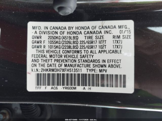 2015 HONDA CR-V 2HKRM3H7XFH513511 Photo 8