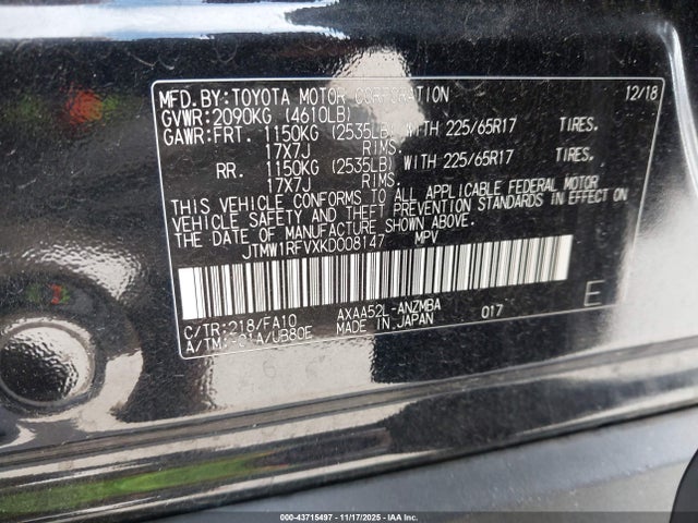 Aukcja sprzedaży 2019 Toyota Rav4 Xle, vin: JTMW1RFVXKD008147, numer aukcji: 43715497