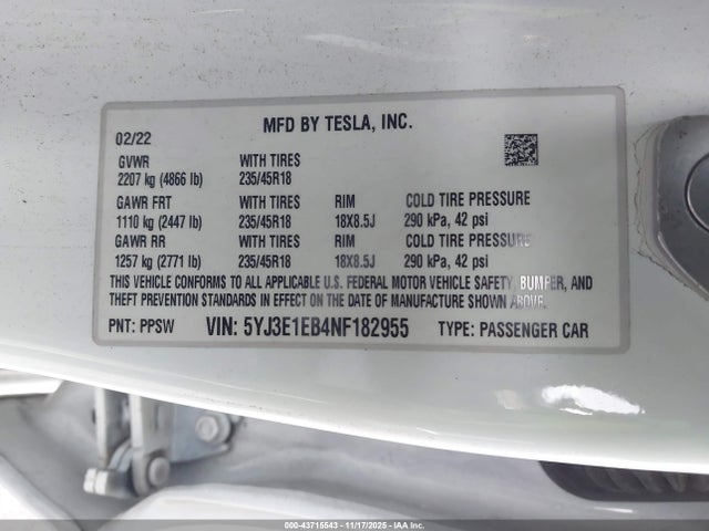 2022 TESLA MODEL 3 5YJ3E1EB4NF182955 Photo 8
