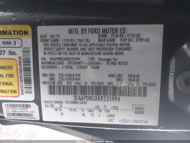 Ford Fusion Hybrid Titanium 2019 3FA6P0RUXKR235994 Image 9