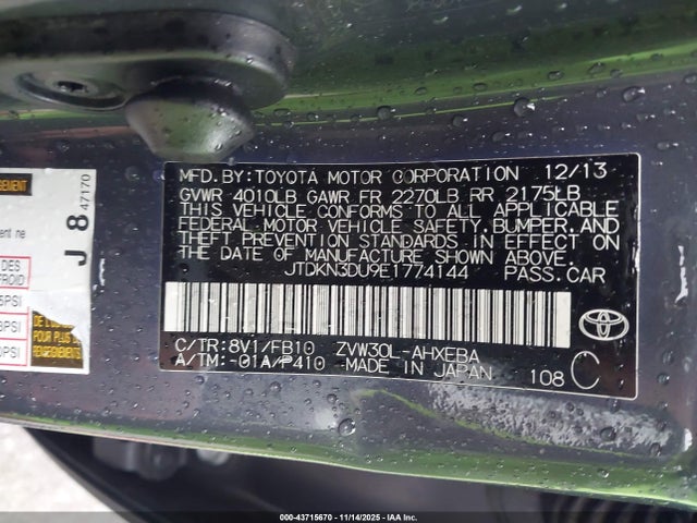 Toyota Prius Two 2014 JTDKN3DU9E1774144 Image 9