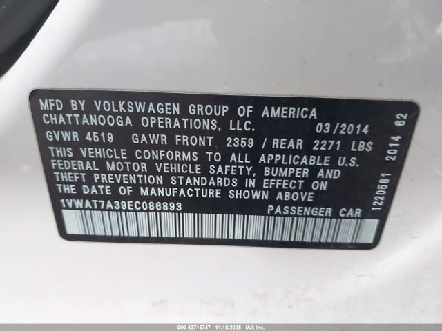Volkswagen Passat 1.8t Wolfsburg Edition 2014 1VWAT7A39EC086893 Image 9
