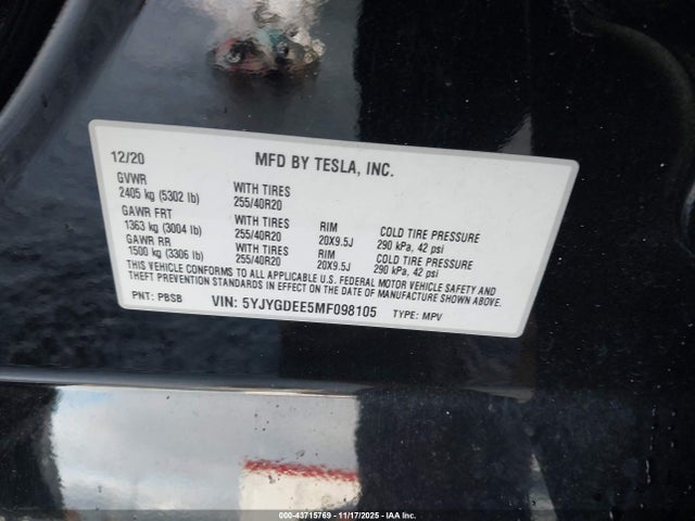 2021 TESLA MODEL Y 5YJYGDEE5MF098105 Photo 8