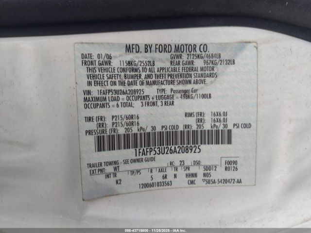 2006 FORD TAURUS 1FAFP53U26A208925 Photo 8