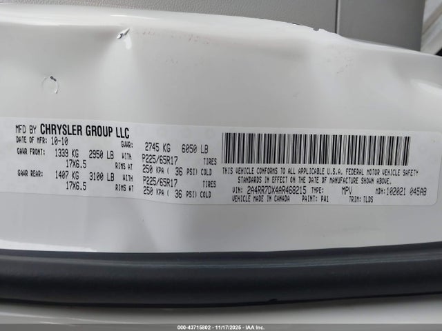 2010 Chrysler Town & Country New Limited მანქანა იყიდება აუქციონზე, vin: 2A4RR7DX4AR468215, აუქციონის ნომერი: 43715802