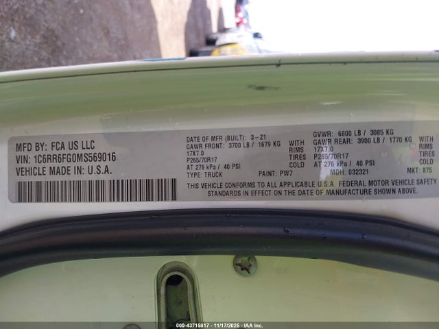 Продаж на аукціоні авто 2021 Ram 1500 Classic Tradesman  4x2 6'4 Box, vin: 1C6RR6FG0MS569016, номер лоту: 43715817