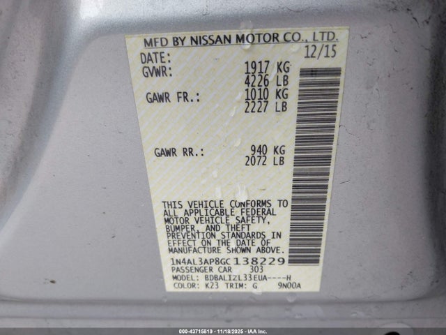 1N4AL3AP8GC138229 Nissan Altima 2.5 Sv
