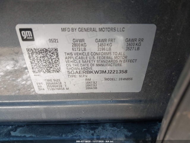 43716020 :رقم المزاد ، 5GAERBKW3MJ221358 vin ، 2021 Buick Enclave Fwd Essence مزاد بيع
