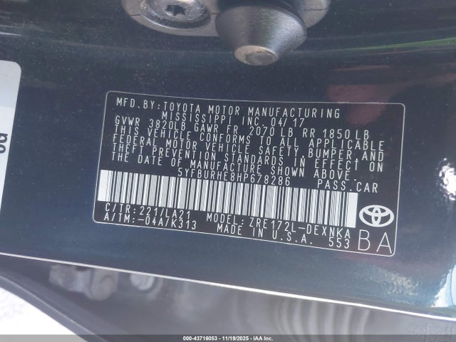 5YFBURHE8HP678286 Toyota Corolla Xle