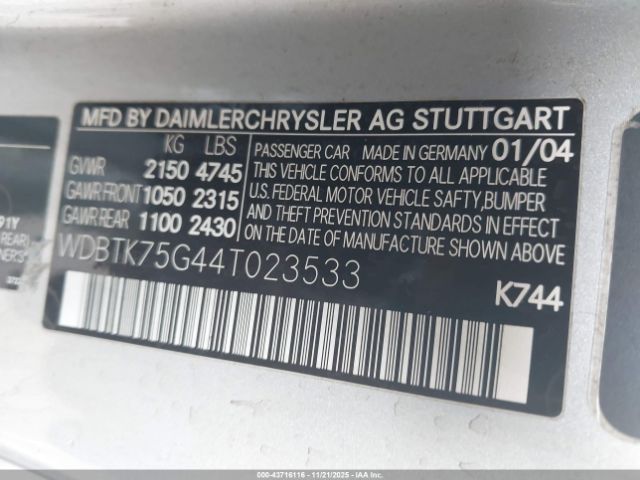 2004 MERCEDES-BENZ CLK 500 WDBTK75G44T023533 Photo 8
