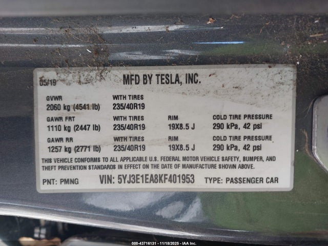 2019 TESLA MODEL 3 5YJ3E1EA8KF401953 Photo 8