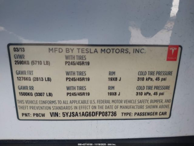 2013 TESLA MODEL S 5YJSA1AG6DFP08736 Photo 8