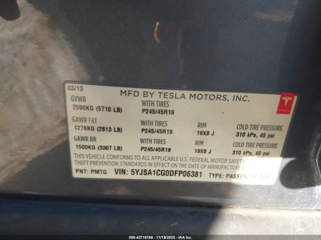 2013 TESLA MODEL S 5YJSA1CG0DFP06381 Photo 8