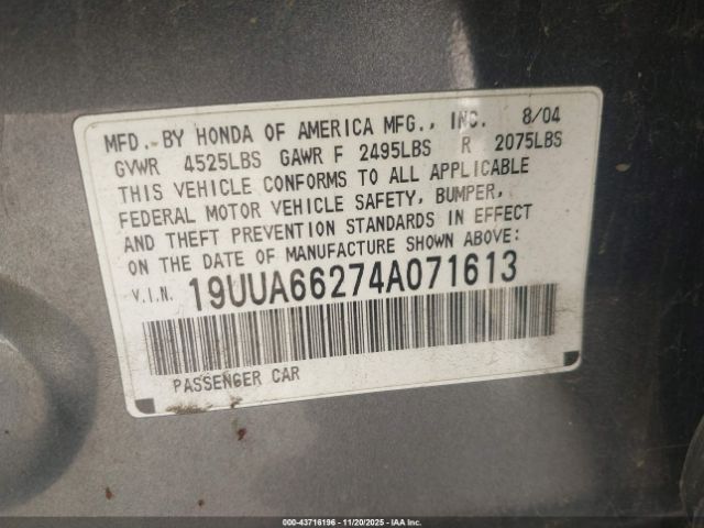 2004 ACURA TL 19UUA66274A071613 Photo 8