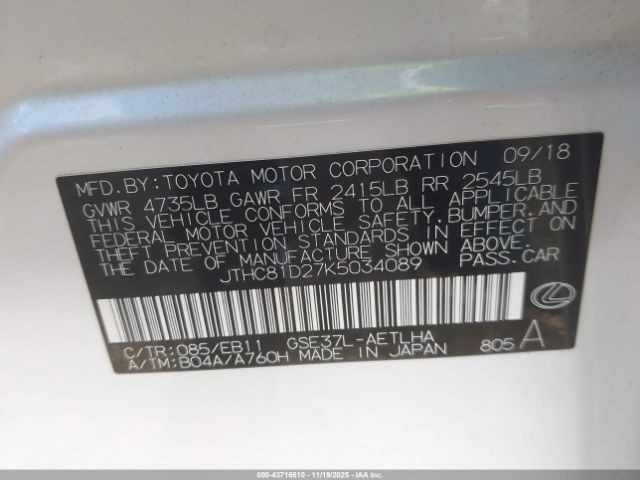 2019 LEXUS IS 300 JTHC81D27K5034089 Photo 8