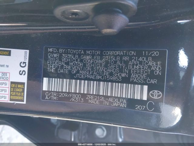2021 TOYOTA COROLLA JTDEPMAE8MJ159853 Photo 8