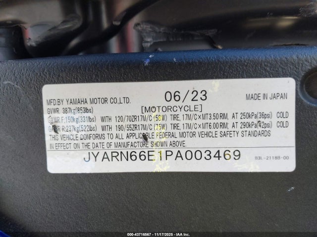 2023 Yamaha Yzfr1 მანქანა იყიდება აუქციონზე, vin: JYARN66E1PA003469, აუქციონის ნომერი: 43716567