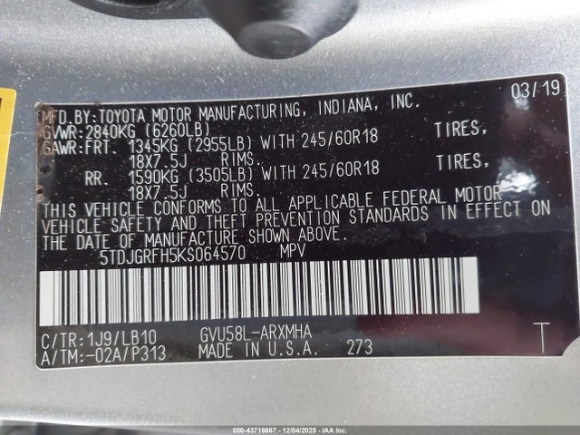 Toyota Highlander Hybrid Xle 2019 5TDJGRFH5KS064570 Image 9