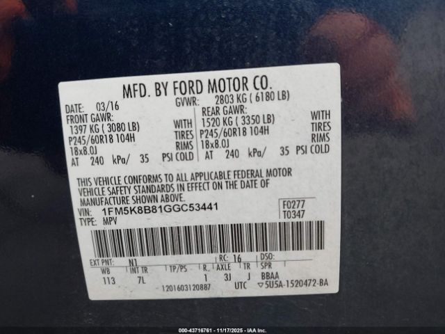 2016 FORD EXPLORER 1FM5K8B81GGC53441 Photo 8