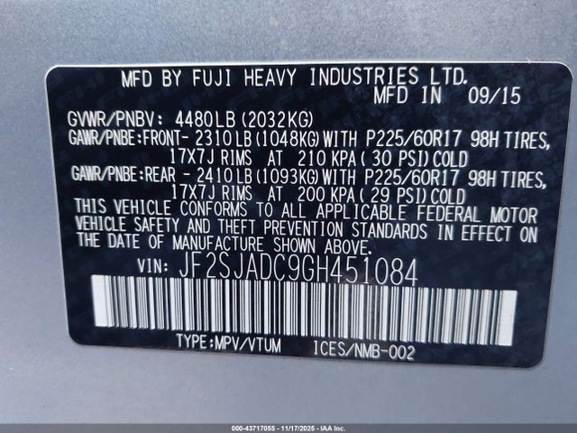 43717055 :رقم المزاد ، JF2SJADC9GH451084 vin ، 2016 Subaru Forester 2.5i Premium مزاد بيع