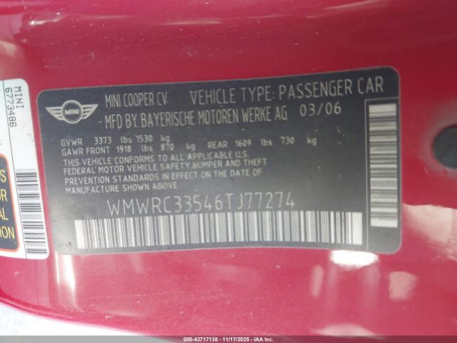 2006 MINI COOPER WMWRC33546TJ77274 Photo 8