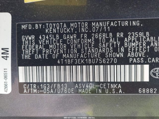 2011 TOYOTA CAMRY 4T1BF3EK1BU756270 Photo 8