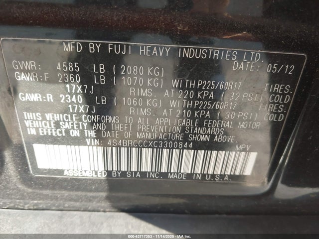 Auction sale of the 2012 Subaru Outback 2.5i Premium, vin: 4S4BRCCCXC3300844, lot number: 43717353