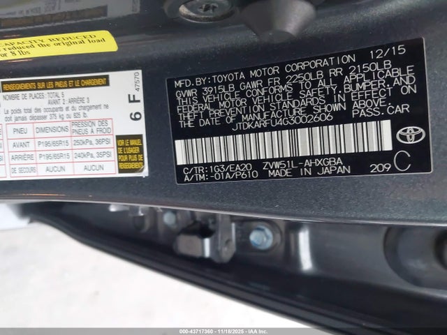 2016 TOYOTA PRIUS JTDKARFU4G3002606 Photo 8