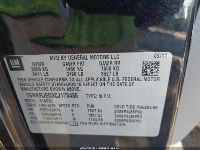 2012 CHEVROLET TRAVERSE 1GNKRJED3CJ173436 Photo 8