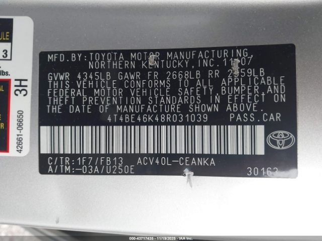 2008 TOYOTA CAMRY 4T4BE46K48R031039 Photo 8