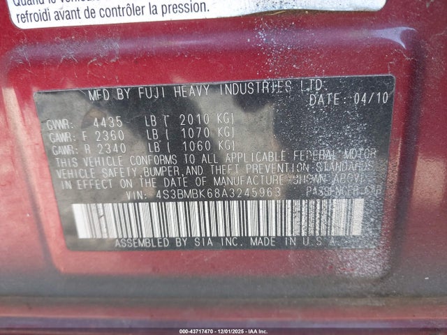 Aukcja sprzedaży 2010 Subaru Legacy 2.5i Limited, vin: 4S3BMBK68A3245963, numer aukcji: 43717470