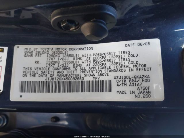 2005 LEXUS GX 470 JTJBT20X450092663 Photo 8