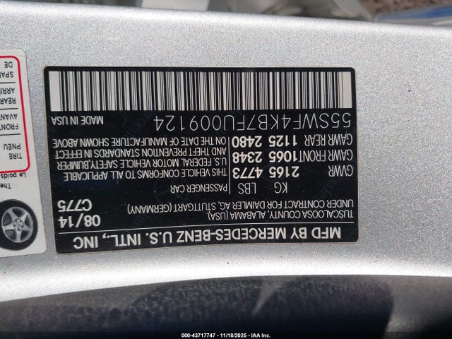 43717747 :رقم المزاد ، 55SWF4KB7FU009124 vin ، 2015 Mercedes-benz C 300 4matic مزاد بيع