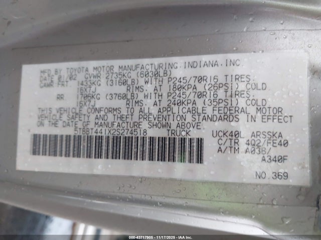 2002 TOYOTA TUNDRA 5TBBT441X2S274518 Photo 8