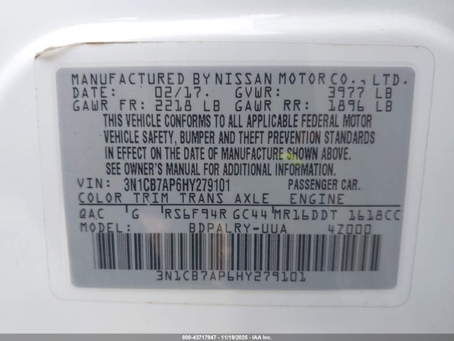 Продажа на аукционе авто 2017 Nissan Sentra Sr Turbo, vin: 3N1CB7AP6HY279101, номер лота: 43717947
