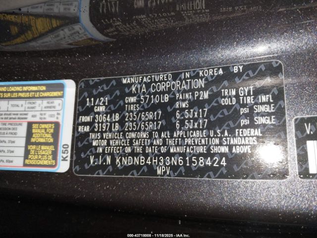 2022 KIA CARNIVAL MPV KNDNB4H33N6158424 Photo 8