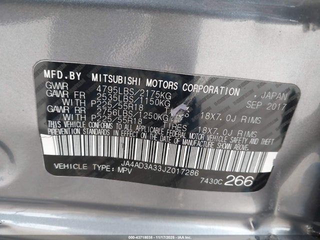 43718038 :رقم المزاد ، JA4AD3A33JZ017286 vin ، 2018 Mitsubishi Outlander Se مزاد بيع