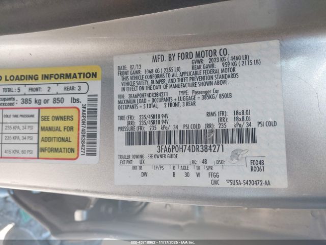 2013 FORD FUSION 3FA6P0H74DR384271 Photo 8