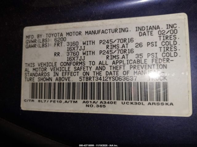 2000 TOYOTA TUNDRA 5TBRT3412YS063637 Photo 8