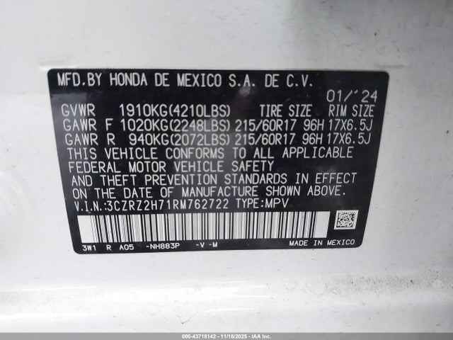 3CZRZ2H71RM762722 Honda Hr-v Awd Ex-l/awd Ex-l W/o Bsi