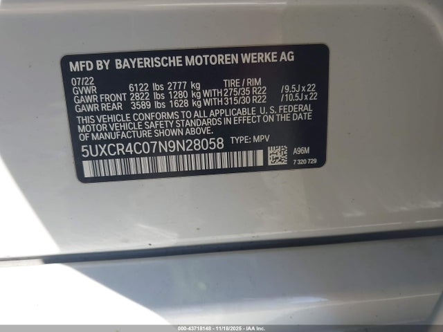 Продаж на аукціоні авто 2022 Bmw X5 Sdrive40i, vin: 5UXCR4C07N9N28058, номер лоту: 43718148