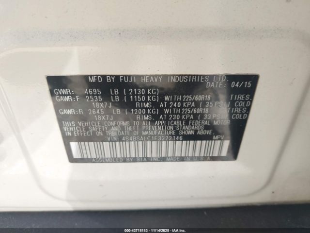 2015 SUBARU OUTBACK 4S4BSALC1F3322146 Photo 8