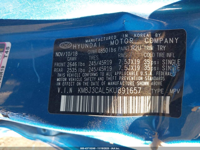 Продаж на аукціоні авто 2019 Hyundai Tucson Sport, vin: KM8J3CAL5KU891657, номер лоту: 43718249